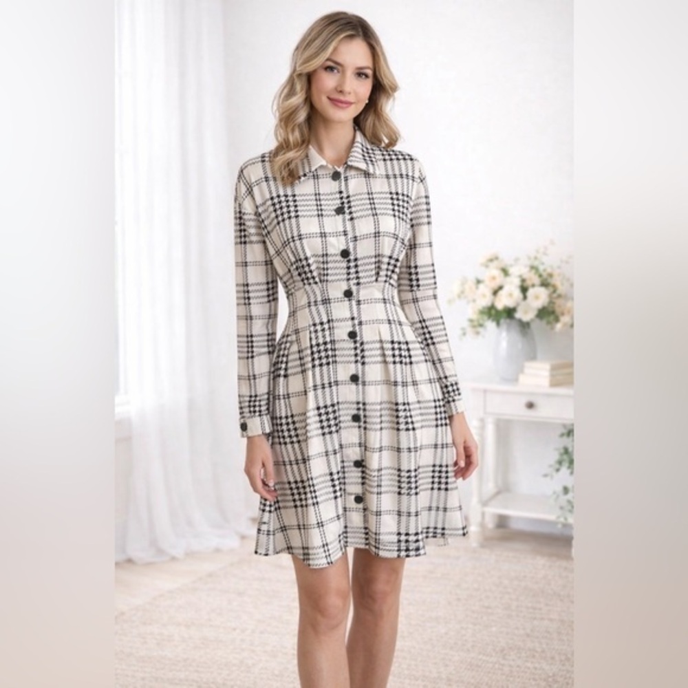SHEIN Black & White Plaid Button Front Dress – Size Medium (US 6)